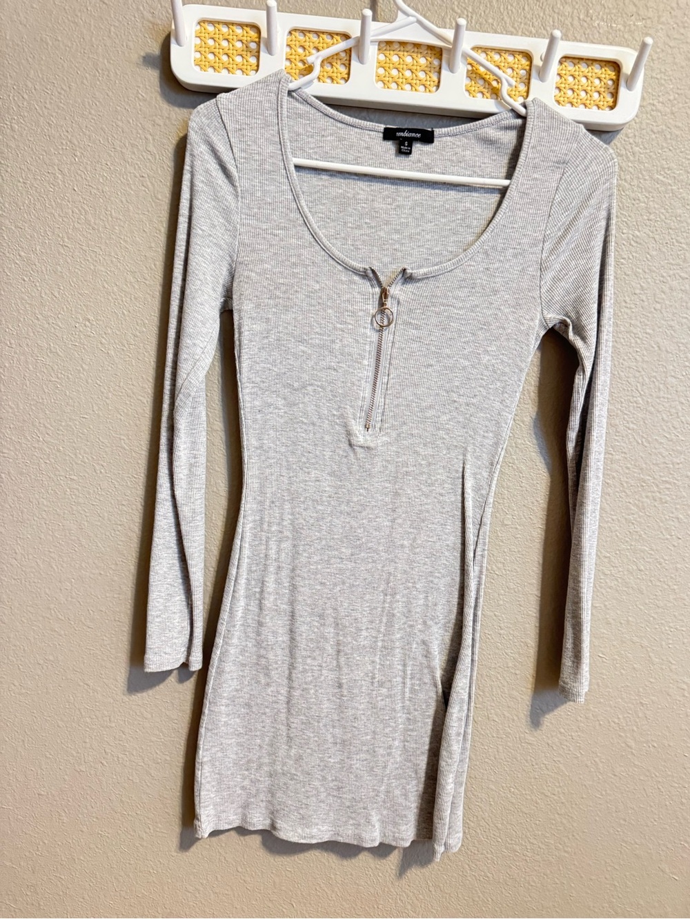 Ambiance Light Gray Long Sleeve Ribbed Zip-Front Dress